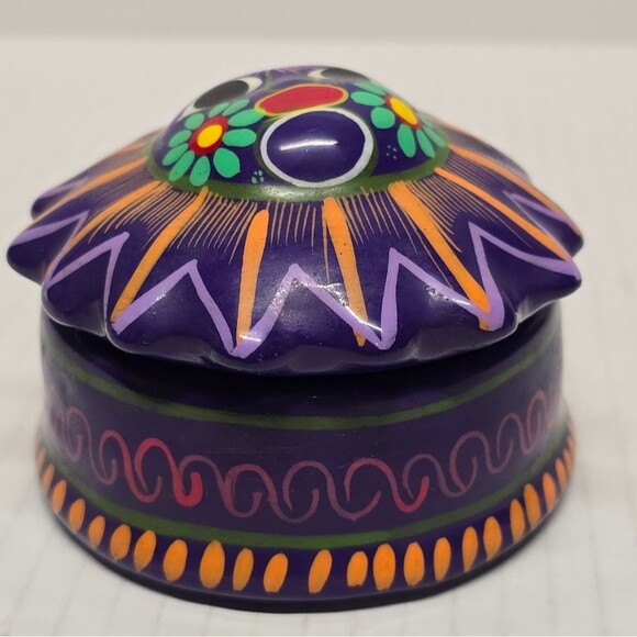 Mexican Talavera Sun Face Trinket Box Pottery Folk Art Purple and Orange - Picture 4 of 8